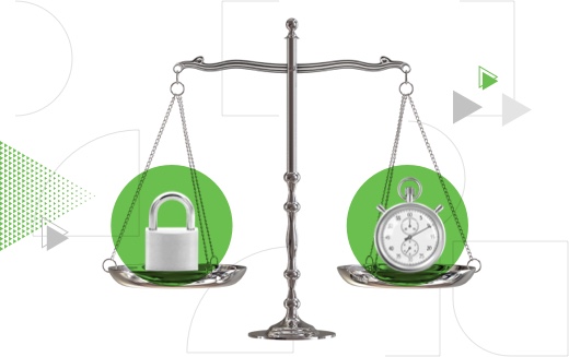 Image of scales with a padlock on one side and a stopwatch on the other
