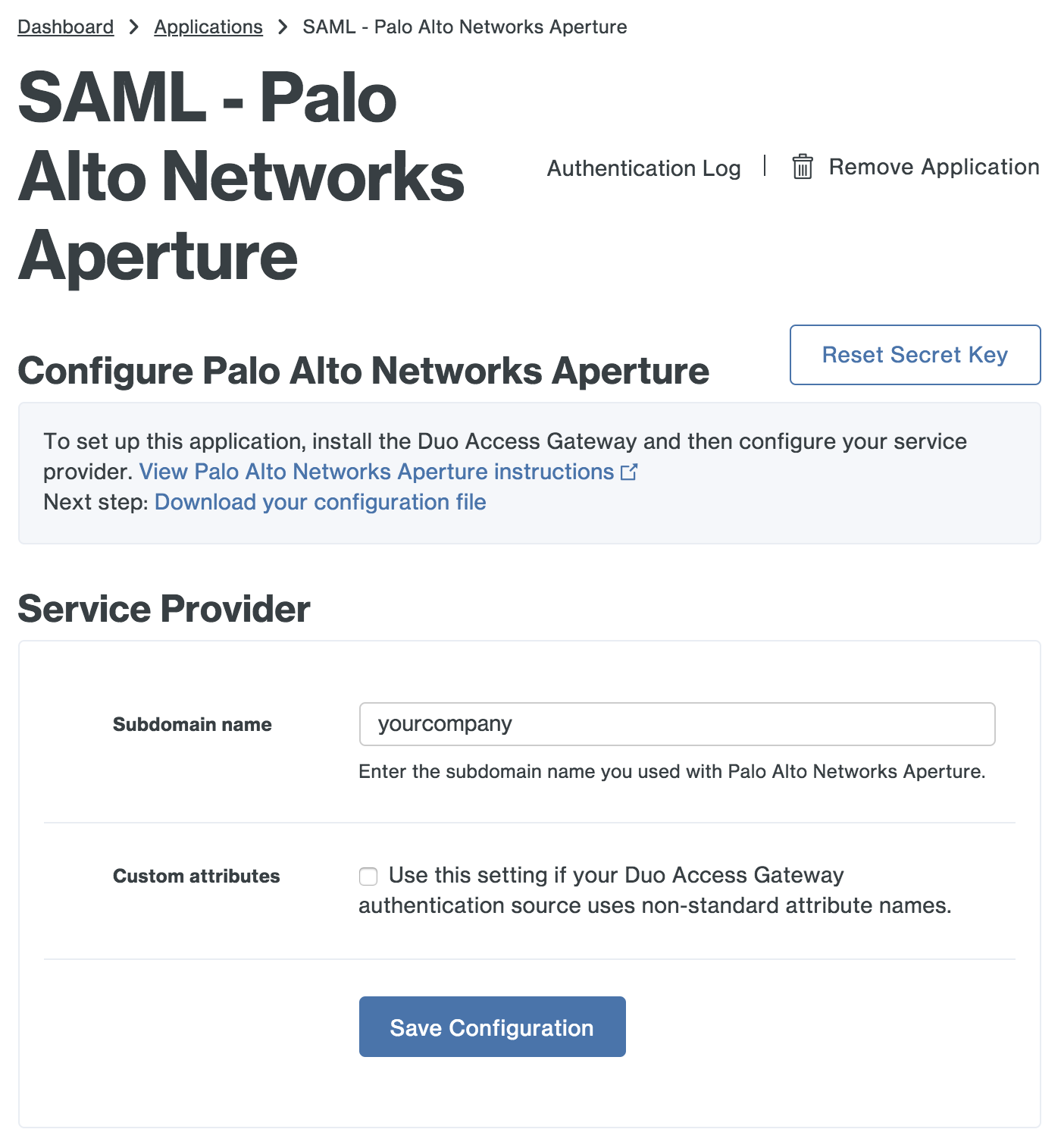 Duo Palo Alto Networks Aperture Application Settings