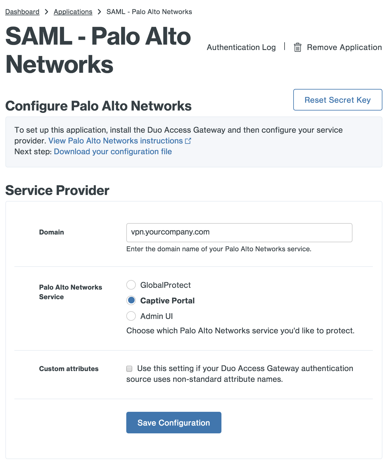 Duo Palo Alto Networks Application Settings