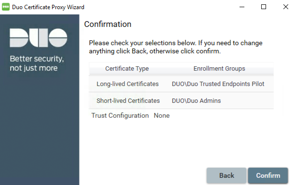 Duo Certificate Proxy Wizard - Confirmation