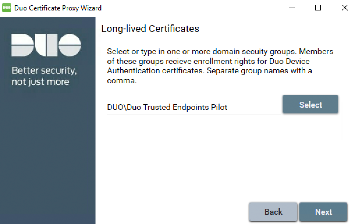 Duo Certificate Proxy Wizard - Select Long-lived Groups
