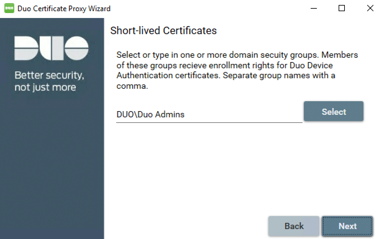Duo Certificate Proxy Wizard - Select Short-lived Groups