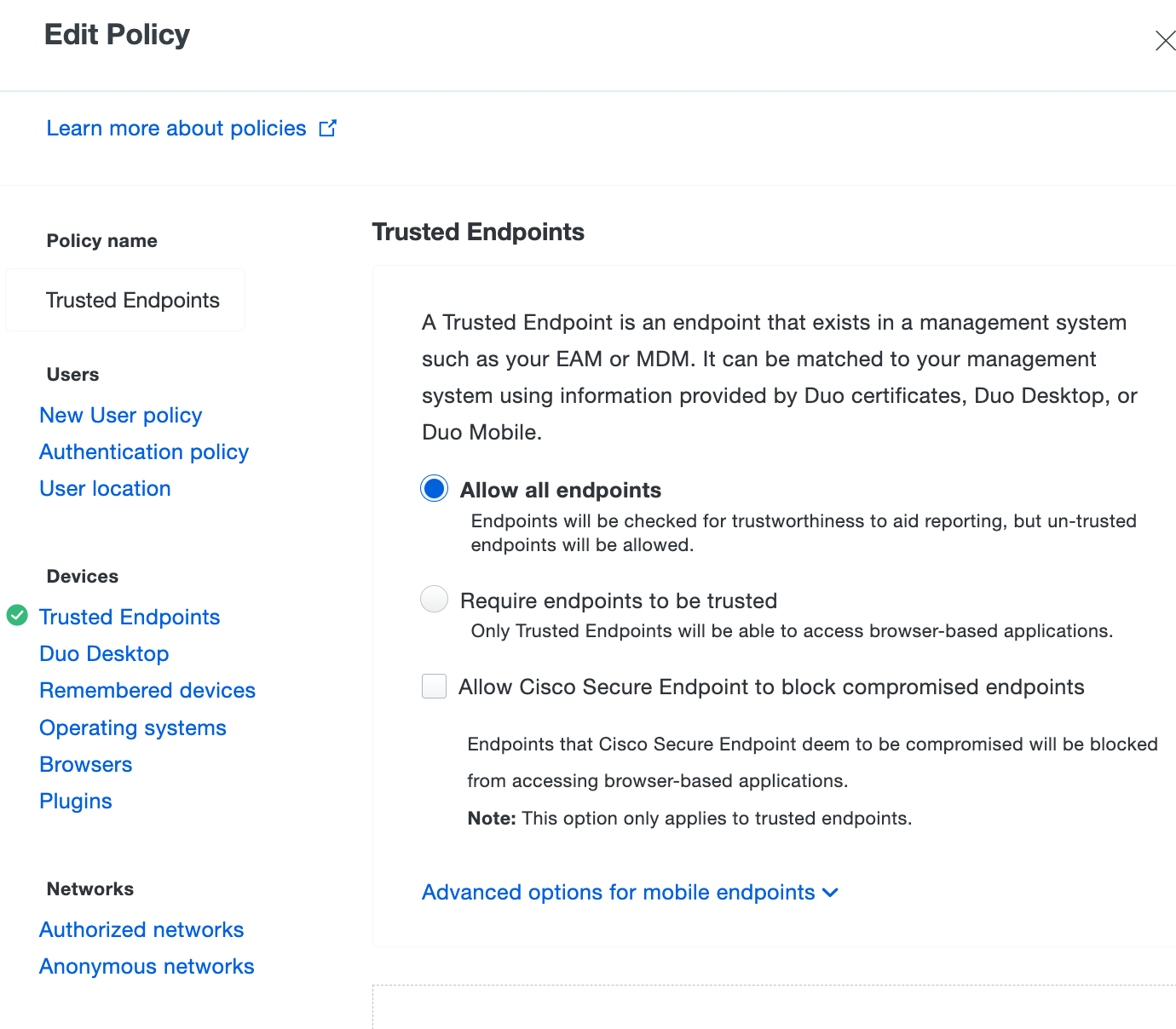 Creating the Trusted Endpoints Policy