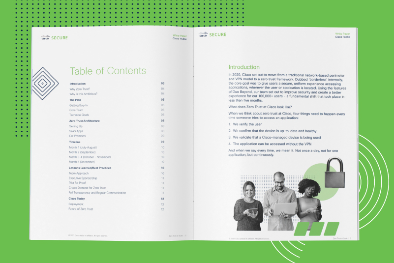 Image of a Duo zero trust eBook opened to show the table of contents and introduction pages